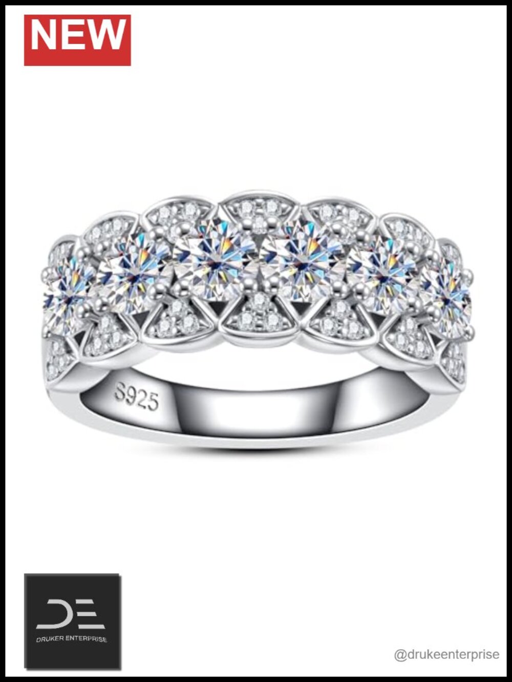 Moissanite Half Eternity Ring 2 CTTW Platinum Plated 925 Sterling Silver Halo